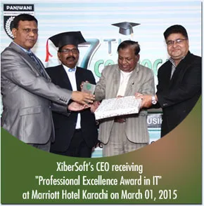 XiberSoft's CEO receiving the Professional Excellence Award in IT at the Marriott Hotel Karachi, 1 March 2015